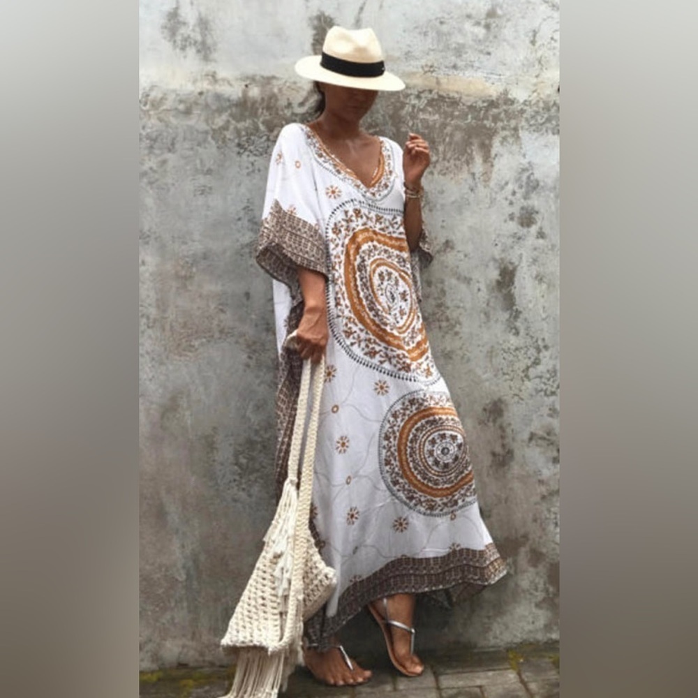 Bohemian Medallion Beach Kaftan Swimsuit Coverup Beach Dress - Picture 3 of 9